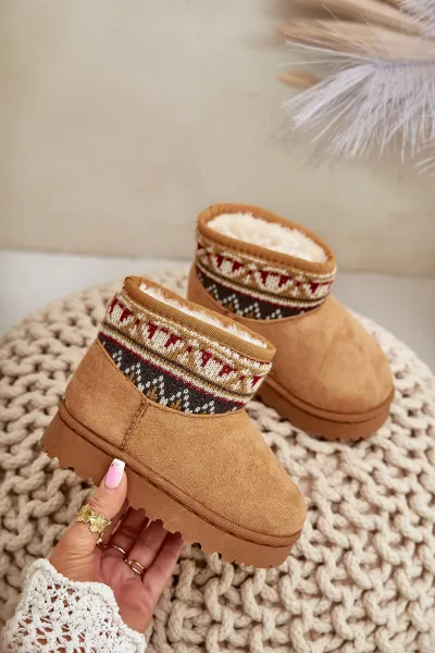 FR1 Detské Snehové Topánky Na Zips S Vzorovaným Vložkom Zateplené Kožušinou Camel Mirirae