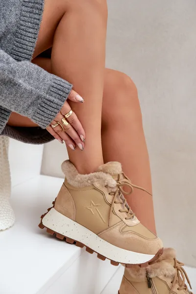 BIG STAR SHOES Kožené Sneakersy Čižmy Dámske S Kožušinou Na Platforme Big Star
