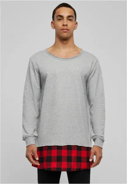 Dlhý flanell spodný otvorený okraj Crewneck šedá/bloková/červená