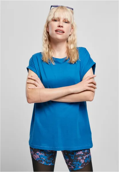 Women's sporty blue T-shirt with extended shoulder