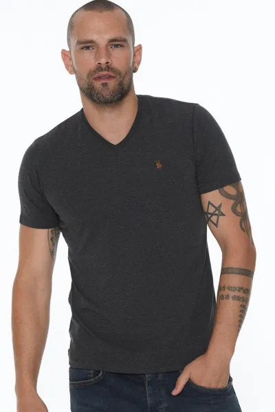 DOUBLE SET T8568 DEWBERRY V-NECK MEN'S T-SHIRT-BLACK-ANTHRACITE