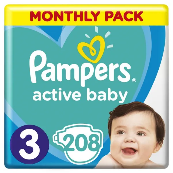 Pampers Active Baby 3 MIDI 6-10 kg 208 ks,PAMPERS Active Baby Plienky jednorazové 3 (6-10 kg) 208 ks - MESAČNÁ ZÁSOBA