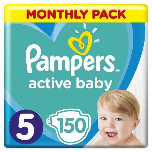 Pampers Active Baby 5 Junior 11-16 kg 150 ks,PAMPERS Active Baby Plienky jednorazové 5 (11-16 kg) 150 ks - MESAČNÁ ZÁSOBA