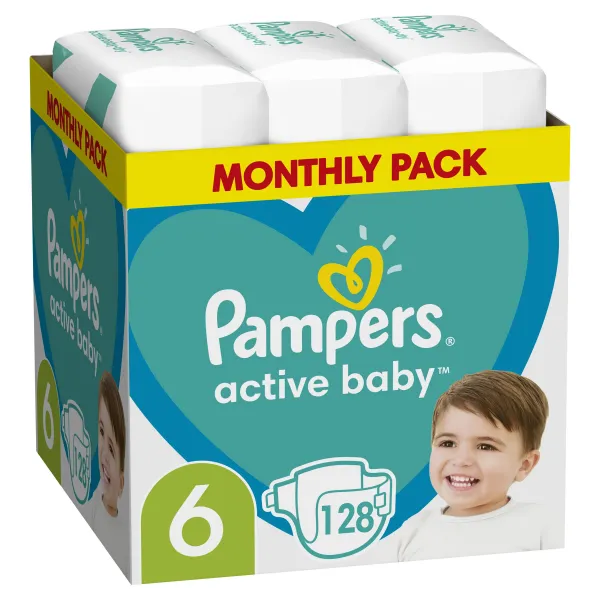 PAMPERS Active Baby 6 13-18 kg Extra Large 128 ks,PAMPERS Active Baby Plienky jednorazové 6 (13-18 kg) 128 ks - MESAČNÁ ZÁSOBA