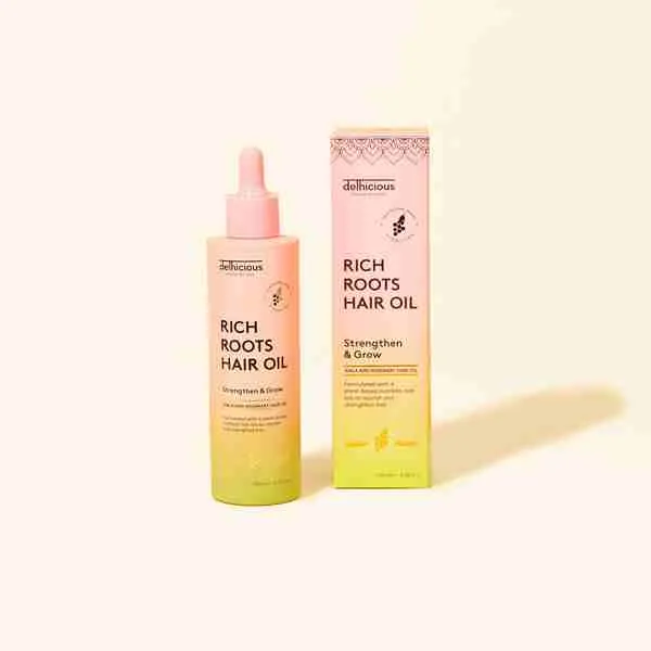 delhicious RICH ROOTS AMLA & ROSEMARY HAIR OIL hydratačný a upokojujúci olej pre suchú pokožku hlavy so sklonom k svrbeniu 100 ml
