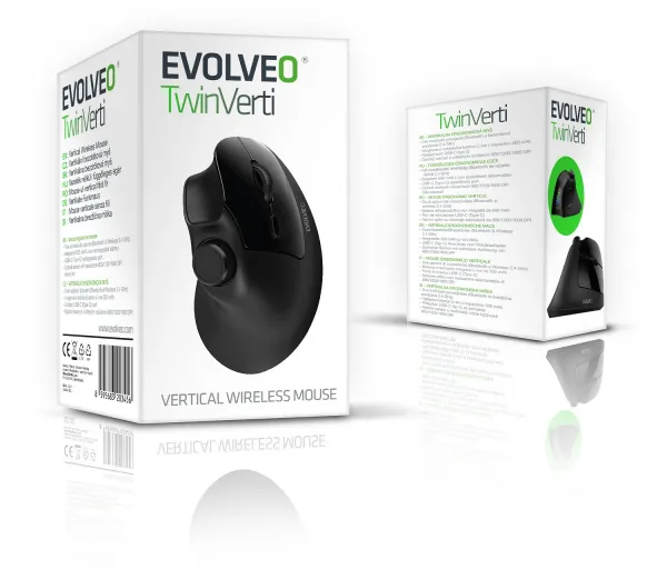 EVOLVEO TwinVerti, vertikálna ergonomická myš, 2,4 GHz + Bluetooth, čierna
