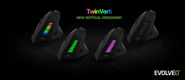 EVOLVEO TwinVerti, vertikálna ergonomická myš, 2,4 GHz + Bluetooth, čierna