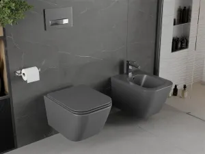 MEXEN - Madox Závesná WC misa Rimless vrátane sedátka s slow, Duroplast, svetlo šedá mat 30154061