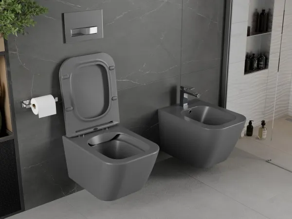 MEXEN - Madox Závesná WC misa Rimless vrátane sedátka s slow, Duroplast, svetlo šedá mat 30154061