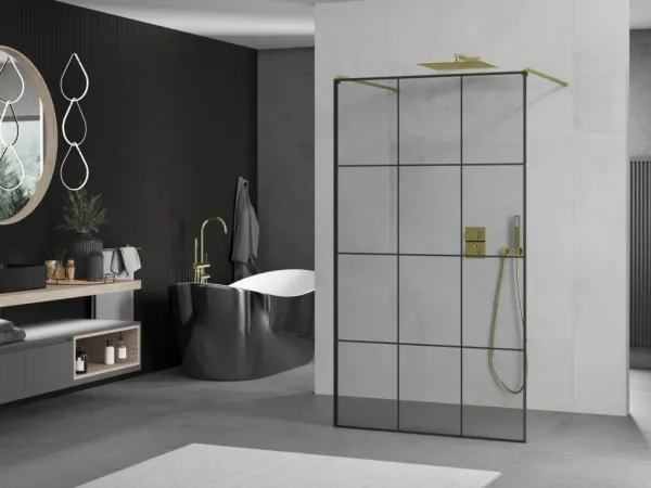 MEXEN/S - KIOTO samostatne stojaca sprchová zástena 110 x 200, transparent/čierna vzor 8 mm, zlatá 800-110-002-50-77