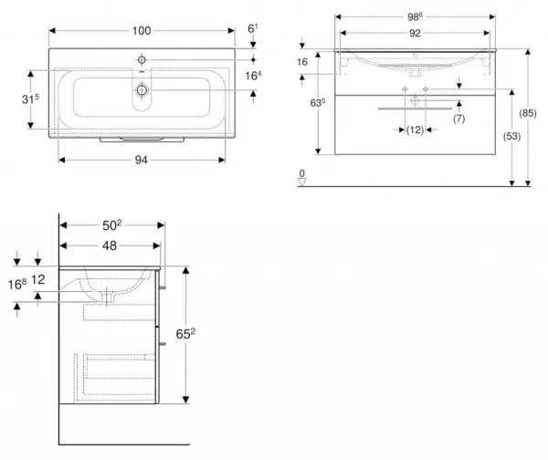 Geberit Selnova Square - Umývadlová skrinka 635x988x480 mm, s umývadlom, 2 zásuvky, lesklá biela 501.244.00.1