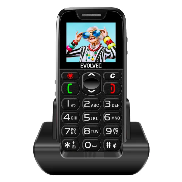 EVOLVEO EasyPhone, mobilní telefon pro seniory s nabíjecím stojánkem, černá