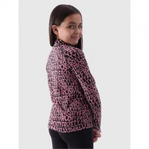 Dievčenská lyžiarska flisová mikina 4F JUNIOR FLEECE UNDERWEAR-JWAW24UFLEF051-64A-SALMON CORAL ALLOVER