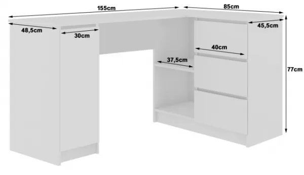 Ak furniture Rohový písací stôl B20 155 cm biely lesk pravý