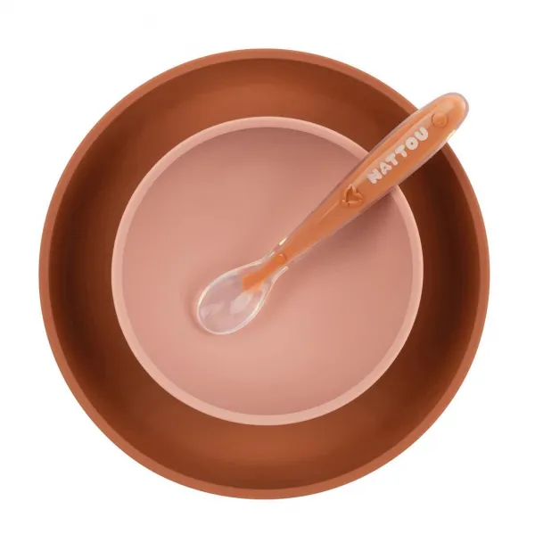 NATTOU Set jedálenský silikónový s podbradníkom ružový bez BPA 4 ks,NATTOU Set jedálenský silikónový s podbradníkom 4 ks ružový bez BPA