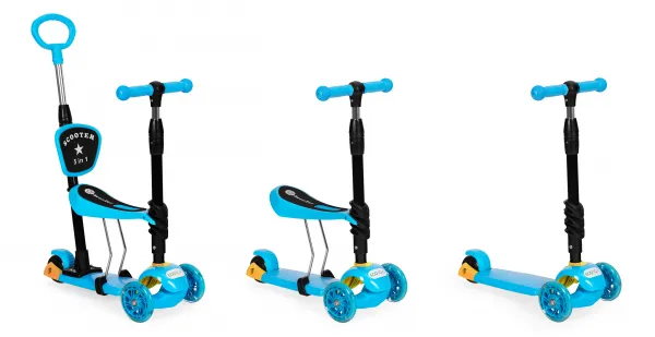 Trojkolesová kolobežka so svietiacimi kolieskami LED, 3 v 1 Balance - modrá