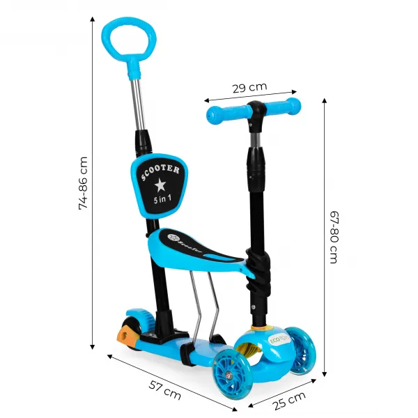 Trojkolesová kolobežka so svietiacimi kolieskami LED, 3 v 1 Balance - modrá