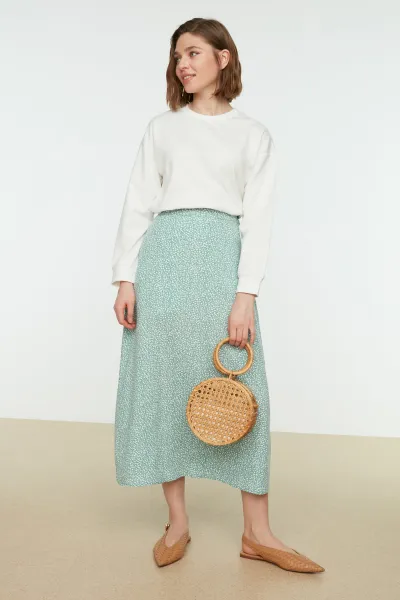 Trendyol Mint Floral Printed Viscose Woven Flare Skirt