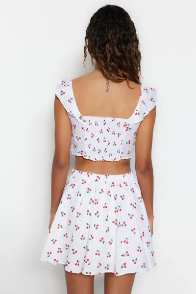 Trendyol Fruit Patterned Woven Ruffled 100% Cotton Blouse and Skirt Suit
