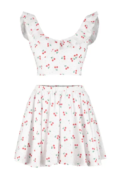 Trendyol Fruit Patterned Woven Ruffled 100% Cotton Blouse and Skirt Suit
