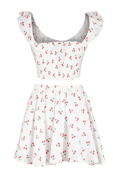 Trendyol Fruit Patterned Woven Ruffled 100% Cotton Blouse and Skirt Suit
