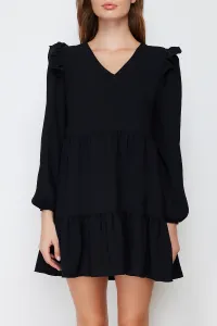 Trendyol Black Gathered Ruffle Detail Mini tkané šaty