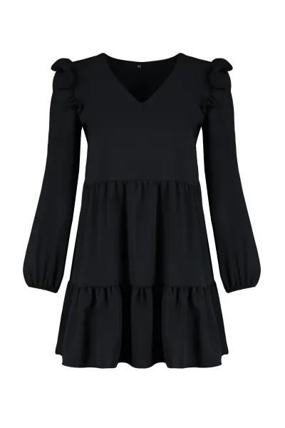 Trendyol Black Gathered Ruffle Detail Mini tkané šaty