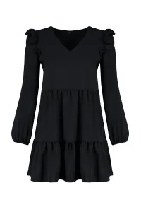 Trendyol Black Gathered Ruffle Detail Mini tkané šaty