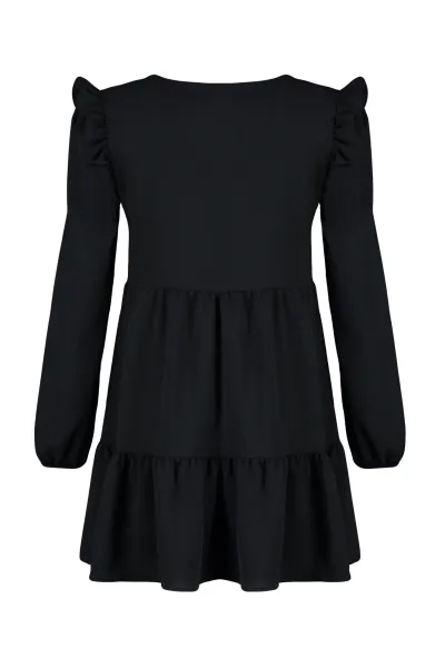 Trendyol Black Gathered Ruffle Detail Mini tkané šaty