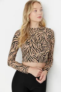 Trendyol viacfarebná vzorovaná vypasovaná/umiestnená Crew Neck Crop Stretch Pletená blúzka