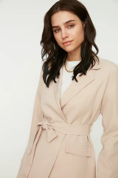 Trendyol Beige Belted Pocket Detailed Blazer Woven Jacket