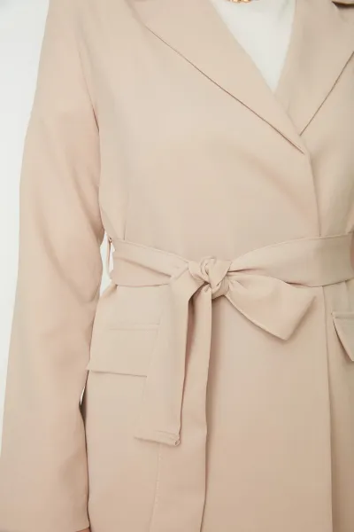 Trendyol Beige Belted Pocket Detailed Blazer Woven Jacket