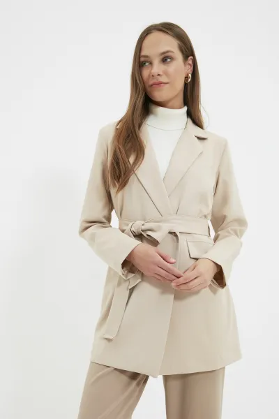Trendyol Beige Belted Pocket Detailed Blazer Woven Jacket