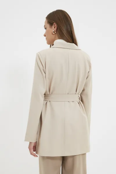 Trendyol Beige Belted Pocket Detailed Blazer Woven Jacket