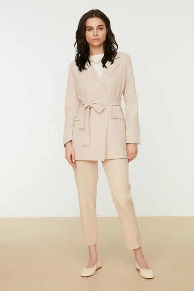 Trendyol Beige Belted Pocket Detailed Blazer Woven Jacket