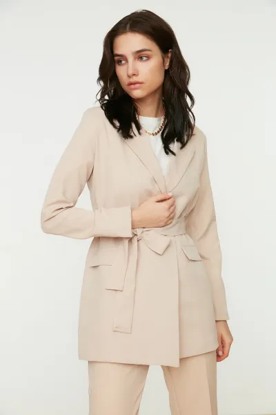Trendyol Beige Belted Pocket Detailed Blazer Woven Jacket