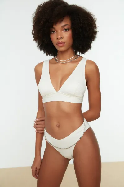 Trendyol Ecru Bikini Bottoms With Beads Accessory Textured Regular Leg