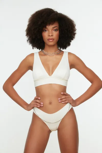 Trendyol Ecru Bikini Bottoms With Beads Accessory Textured Regular Leg
