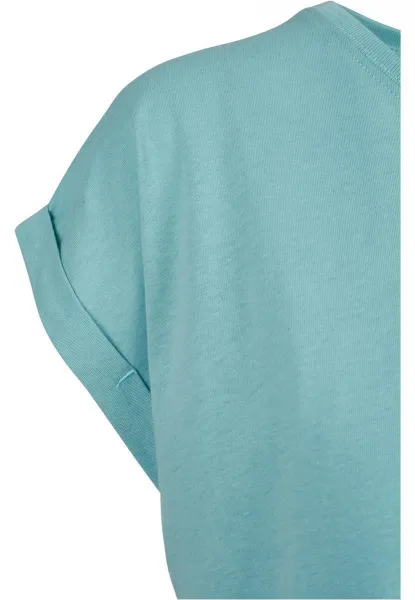 Women's blue T-shirt with extended shoulder