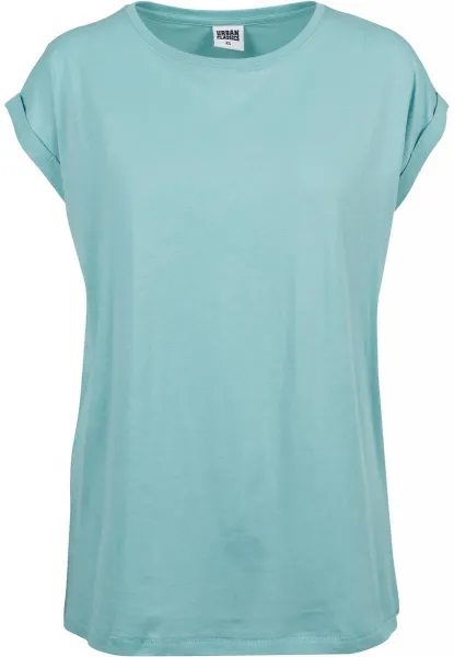 Women's blue T-shirt with extended shoulder