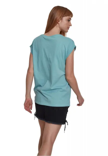 Women's blue T-shirt with extended shoulder