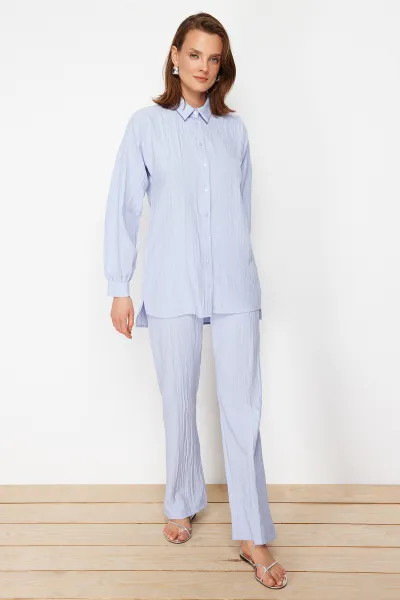 Trendyol Light Blue Long Back Wide Leg Shirt-Pants Weave Suit