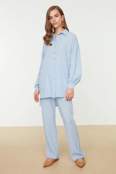 Trendyol Light Blue Long Back Wide Leg Shirt-Pants Weave Suit