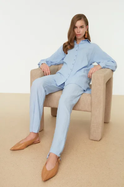 Trendyol Light Blue Long Back Wide Leg Shirt-Pants Weave Suit