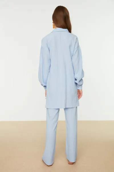 Trendyol Light Blue Long Back Wide Leg Shirt-Pants Weave Suit