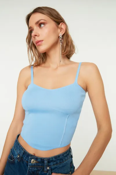 Trendyol modrý úpletový crop top bustier