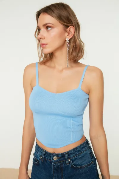 Trendyol modrý úpletový crop top bustier