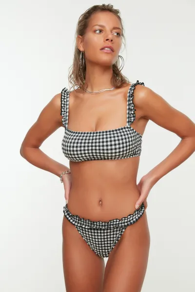 Trendyol Black Textured Gingham Bikini Bottoms