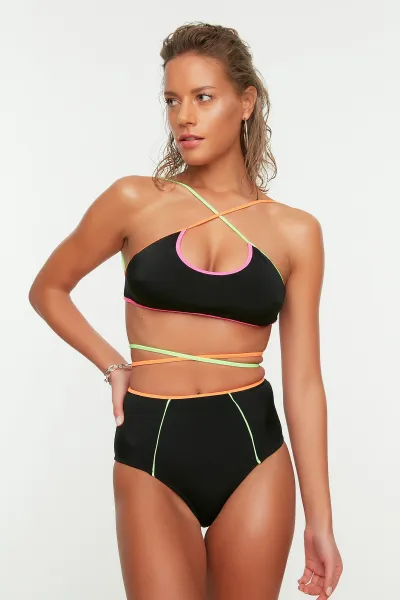 Trendyol Black High Waist Bikini Bottoms With Colorful Piping Detailed