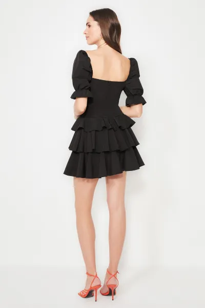 Trendyol Black Otvorený pás/Skater Flounce Poplin Elegantné večerné šaty